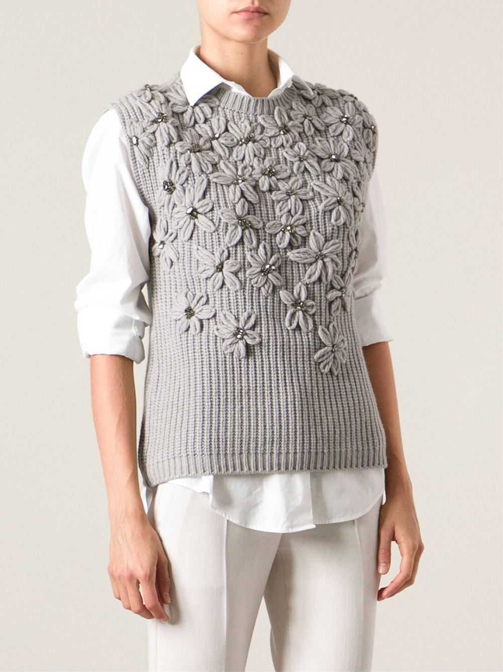 Lyst - Brunello Cucinelli Embroidered Embellished Flowers Sweater in Gray