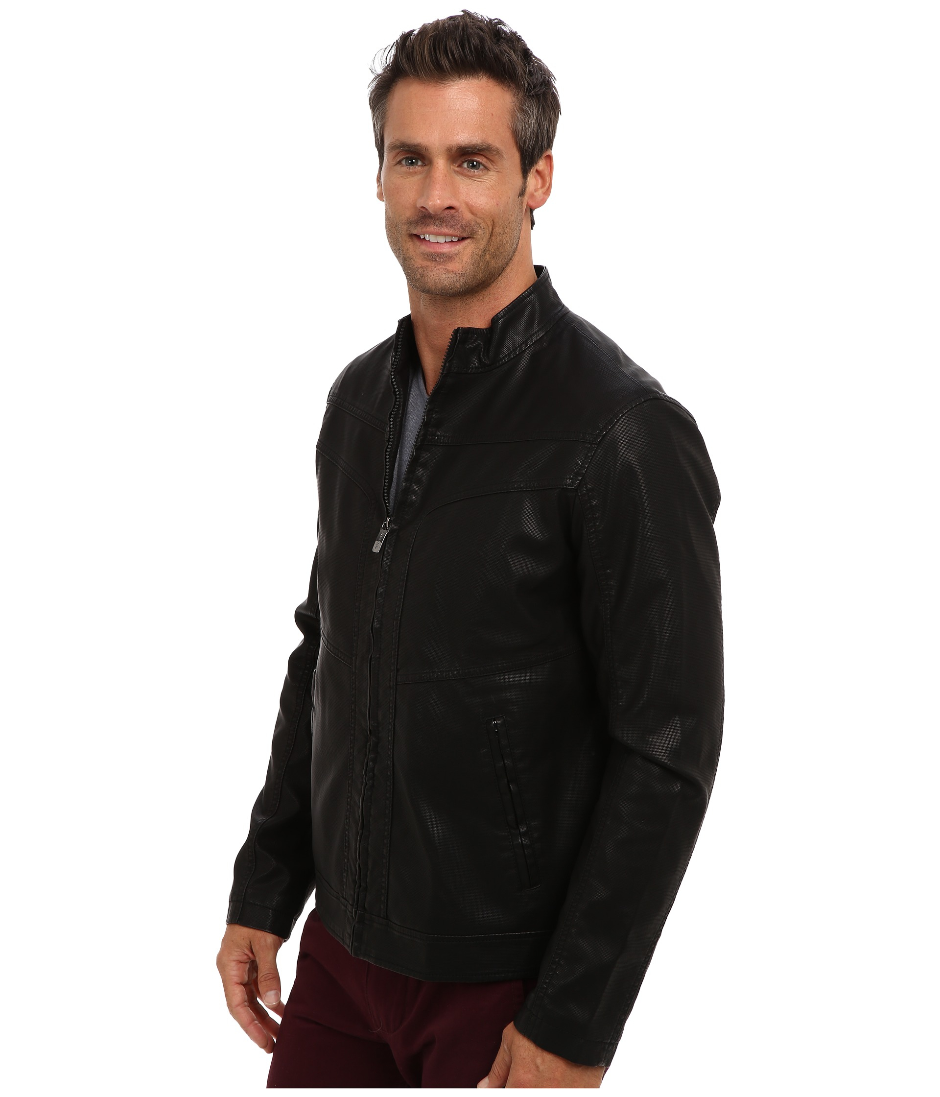 Perry ellis Faux Leather Textured Bomber Jacket in Black for Men Lyst