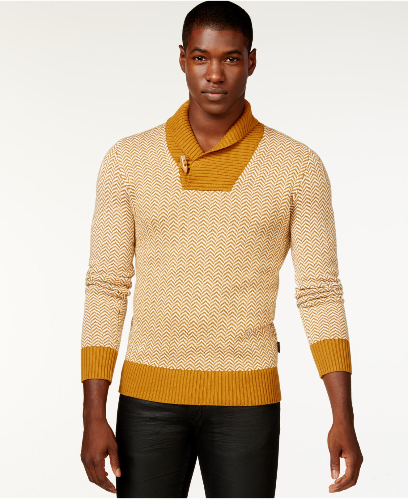 Lyst - Sean John Herringbone Shawl-collar Sweater in Brown for Men