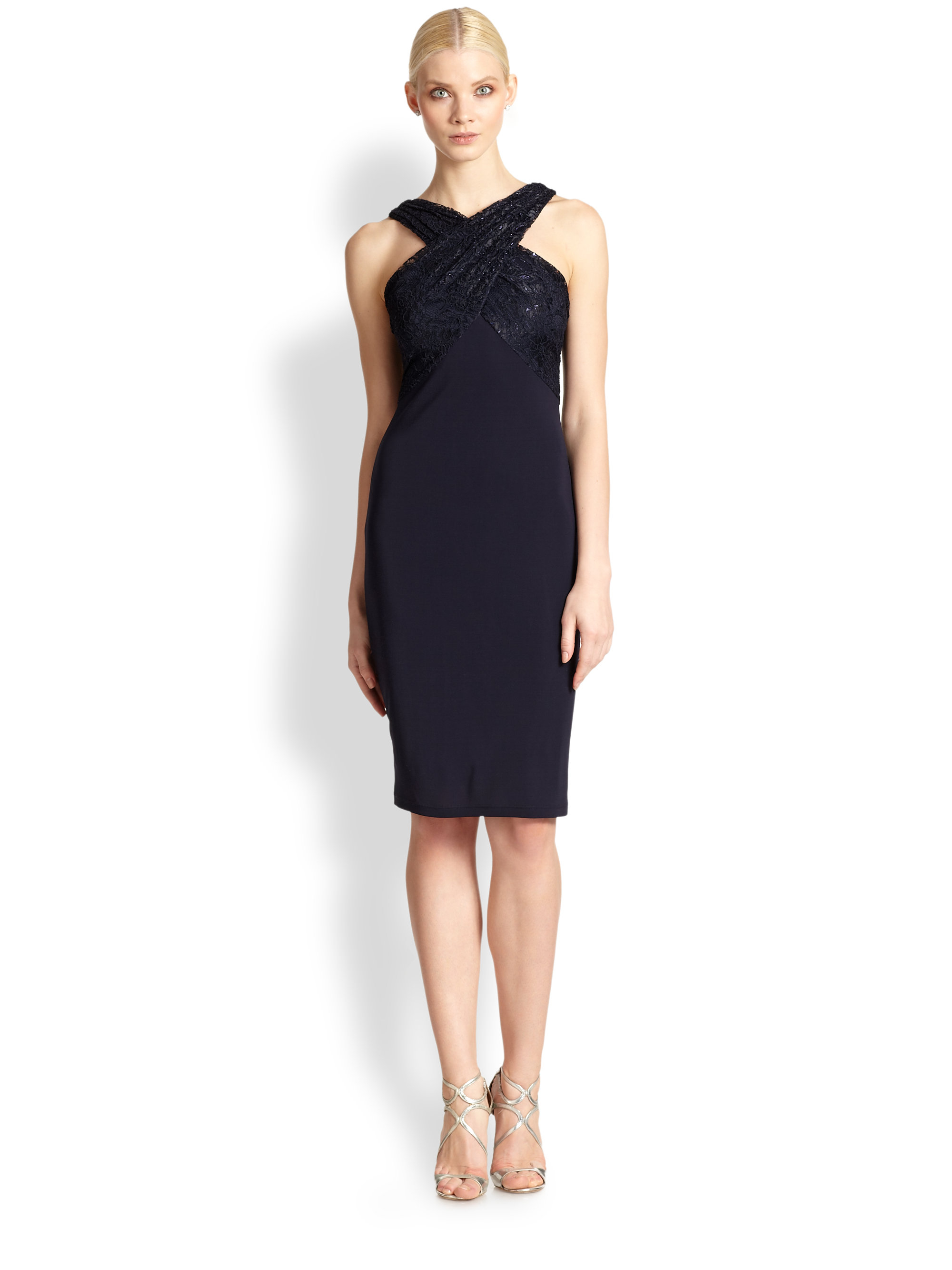 Lyst - David Meister Lace & Jersey Cross-Neck Dress in Blue