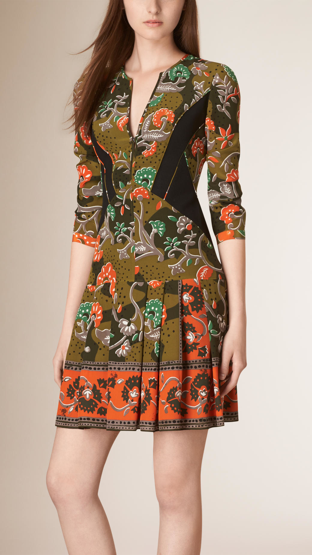 Burberry Floral-Print Silk Dress in Brown | Lyst