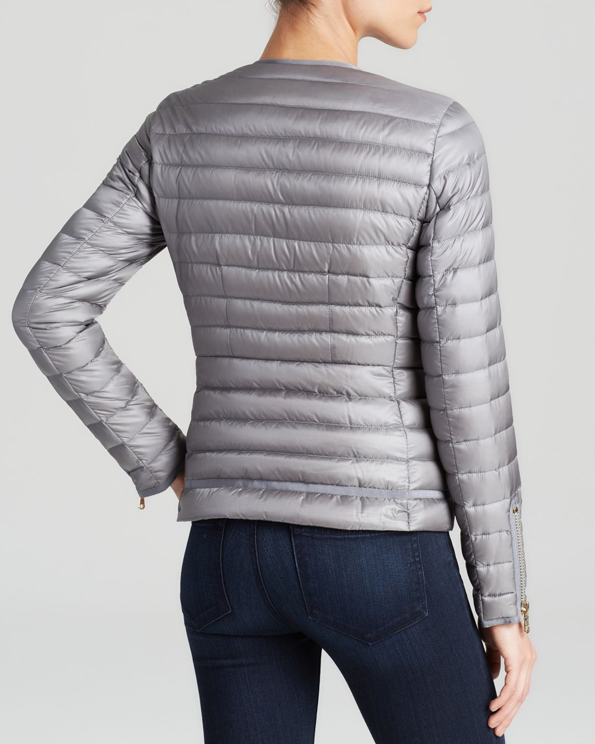 Moncler Jacket Amey Asymmetrical Collarless Packable Down in Gray Lyst