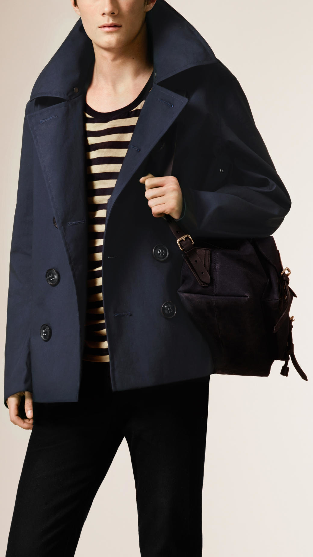 Burberry Leather Detail Seamsealed Pea Coat In Blue For Men Lyst Gallery