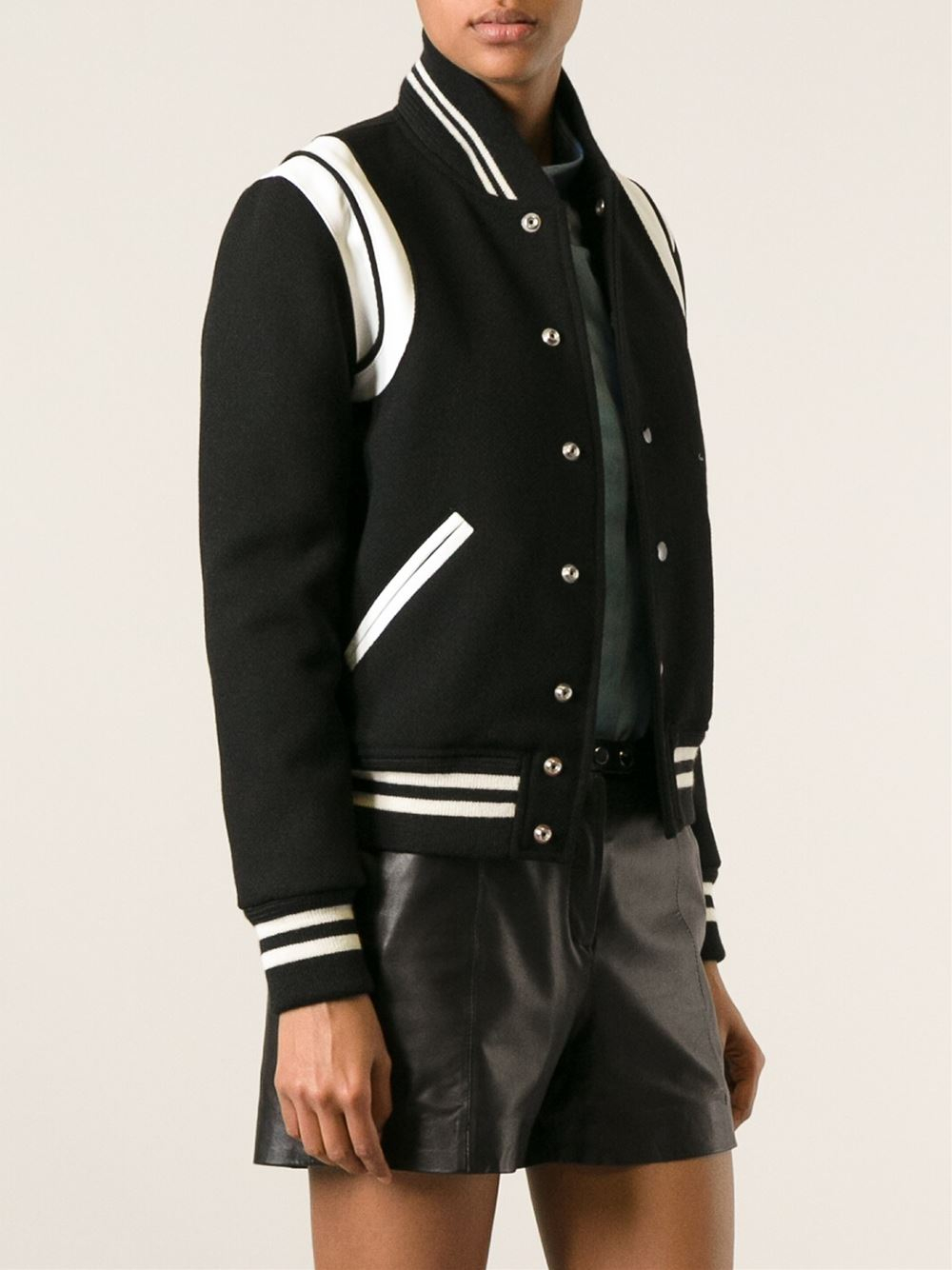 Lyst - Saint Laurent Teddy Leather-Trimmed Wool Varsity Jacket in Black