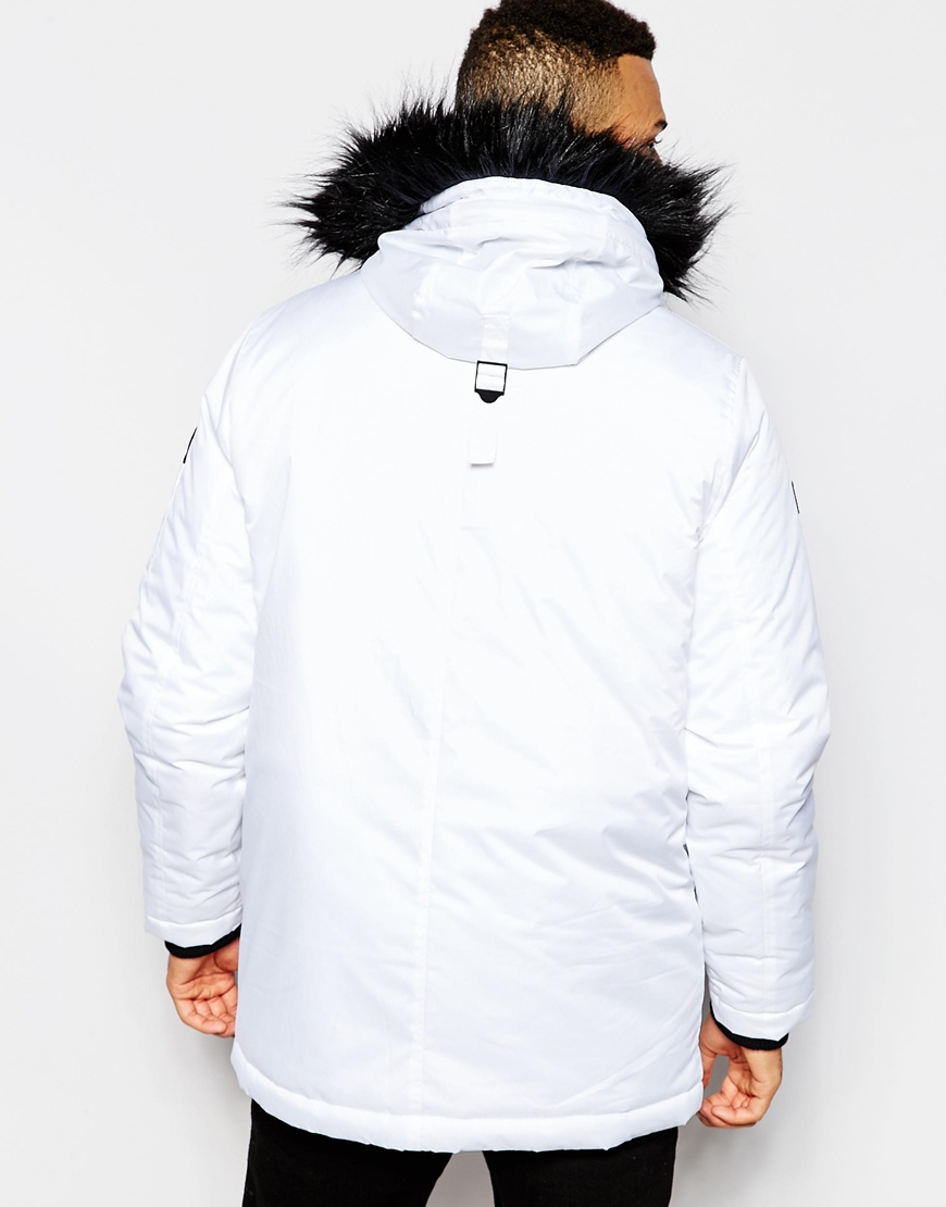 D-struct Coulton Faux Fur Trimmed Parka Jacket in White for Men | Lyst