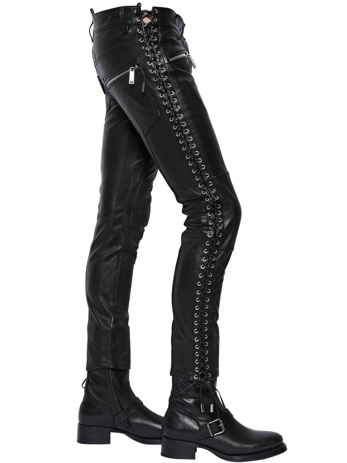 black leather lace up pants