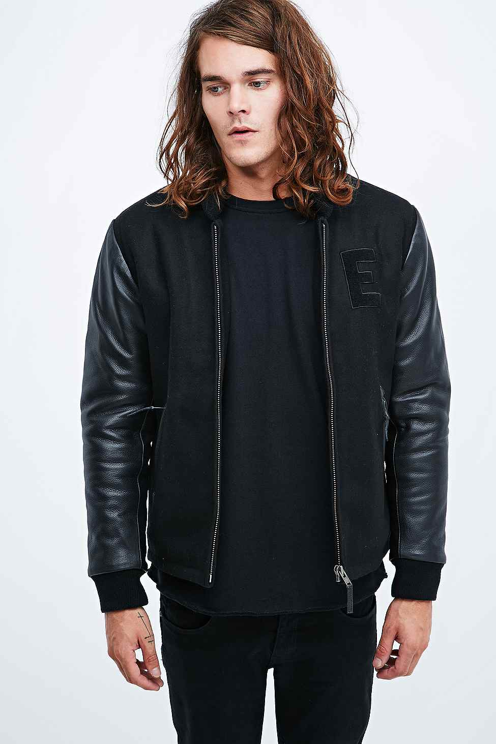 Edwin Leather Sleeve Baseball Jacket In Black Lyst Gallery