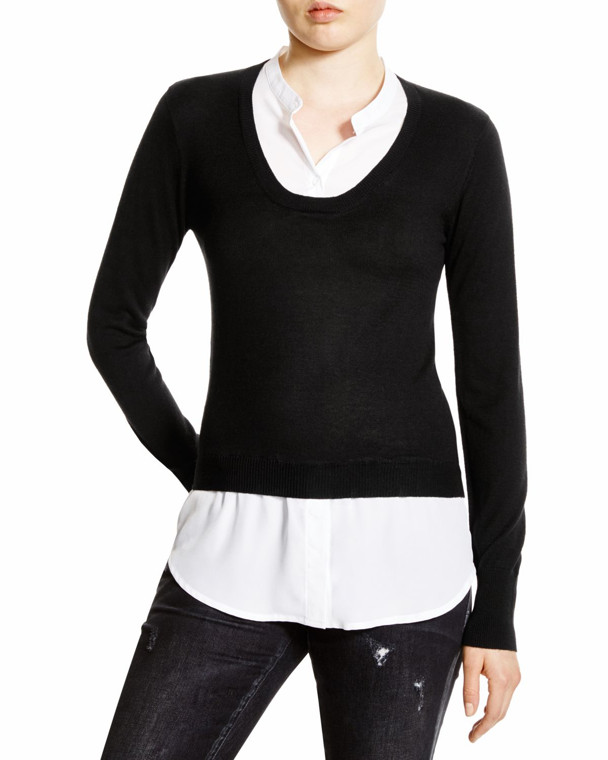 Aqua Faux-layered Sweater in Black (Black W/ White Solid Woven)