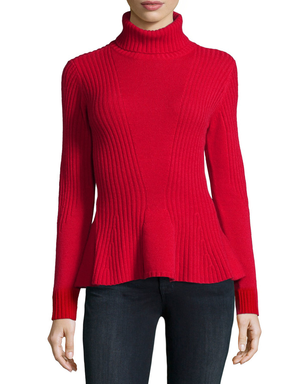 Magaschoni Ribbed Cashmere Turtleneck Peplum Sweater in Red | Lyst