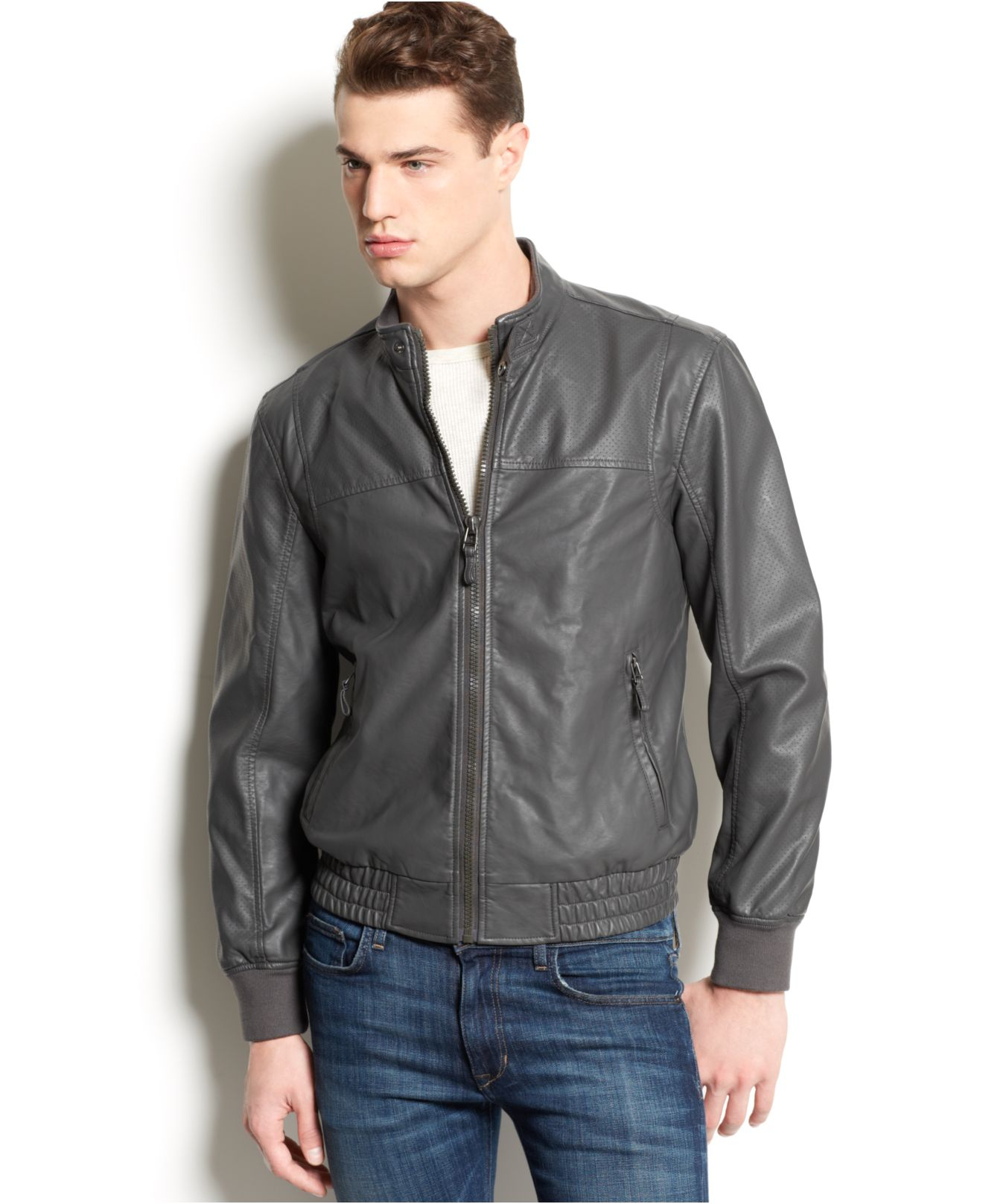 Lyst American Rag Perforated Faux Leather Jacket In Gray For Men Gallery
