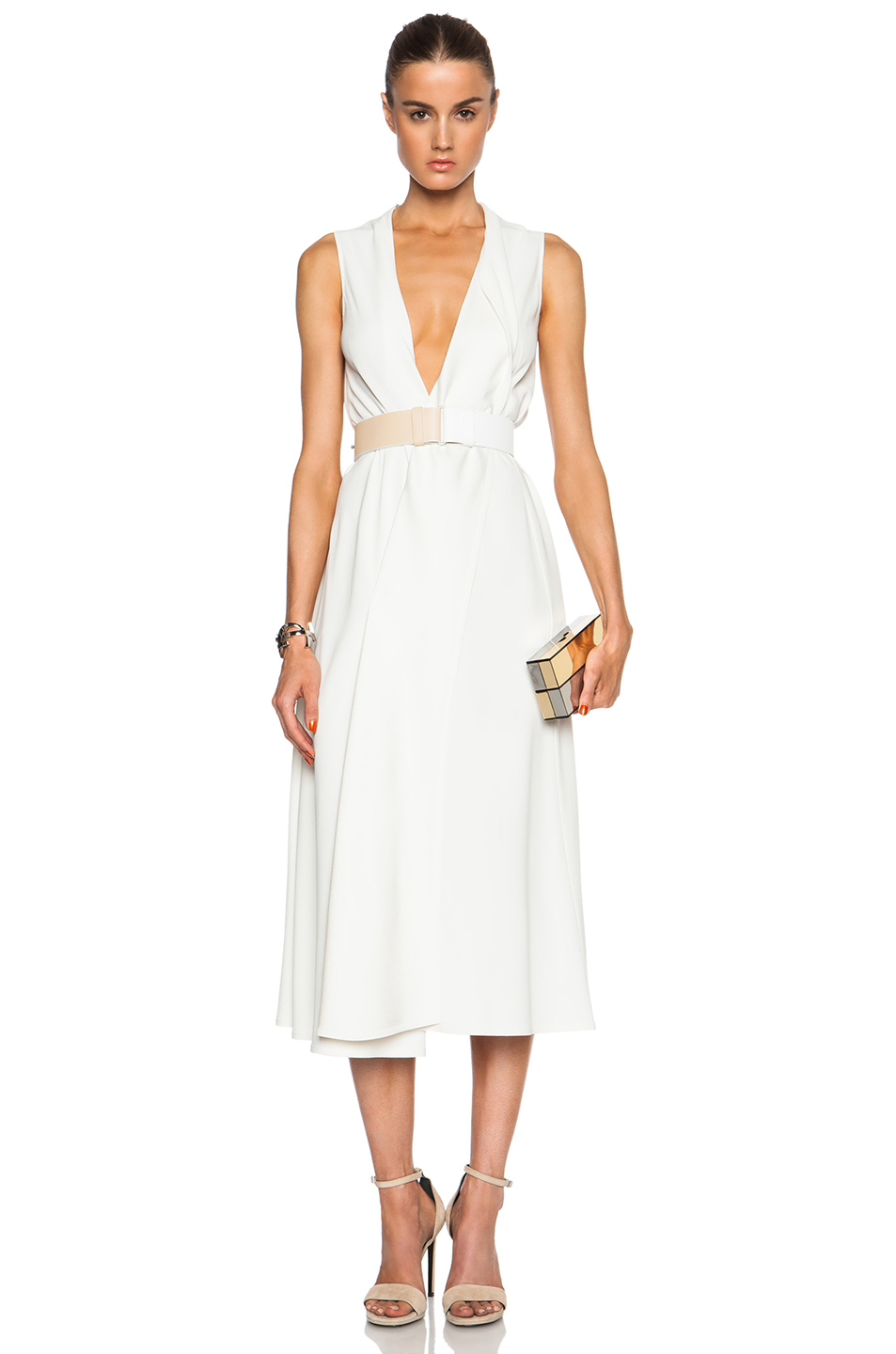 beckham v neck drape midi dress in white lyst beckham v neck drape midi dress in white lyst