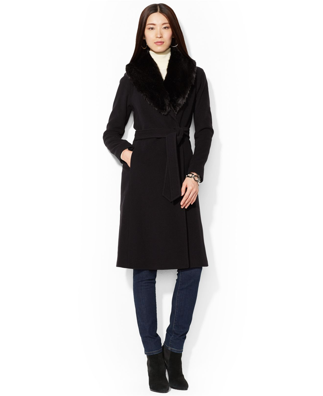 Lyst - Lauren By Ralph Lauren Wool-Cashmere-Blend Belted Faux-Fur ...