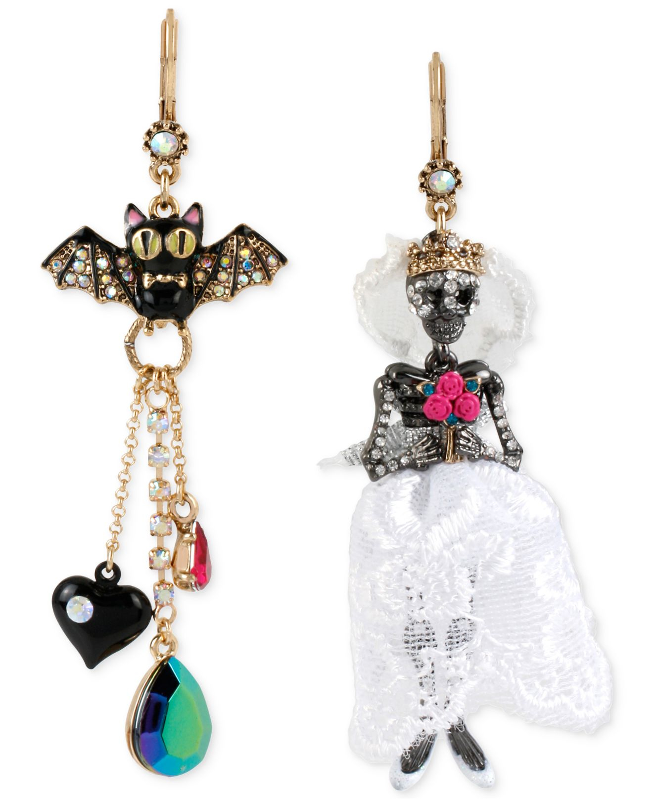 Lyst - Betsey Johnson Two-tone Pavé Bat And Skeleton Bride Mismatch ...