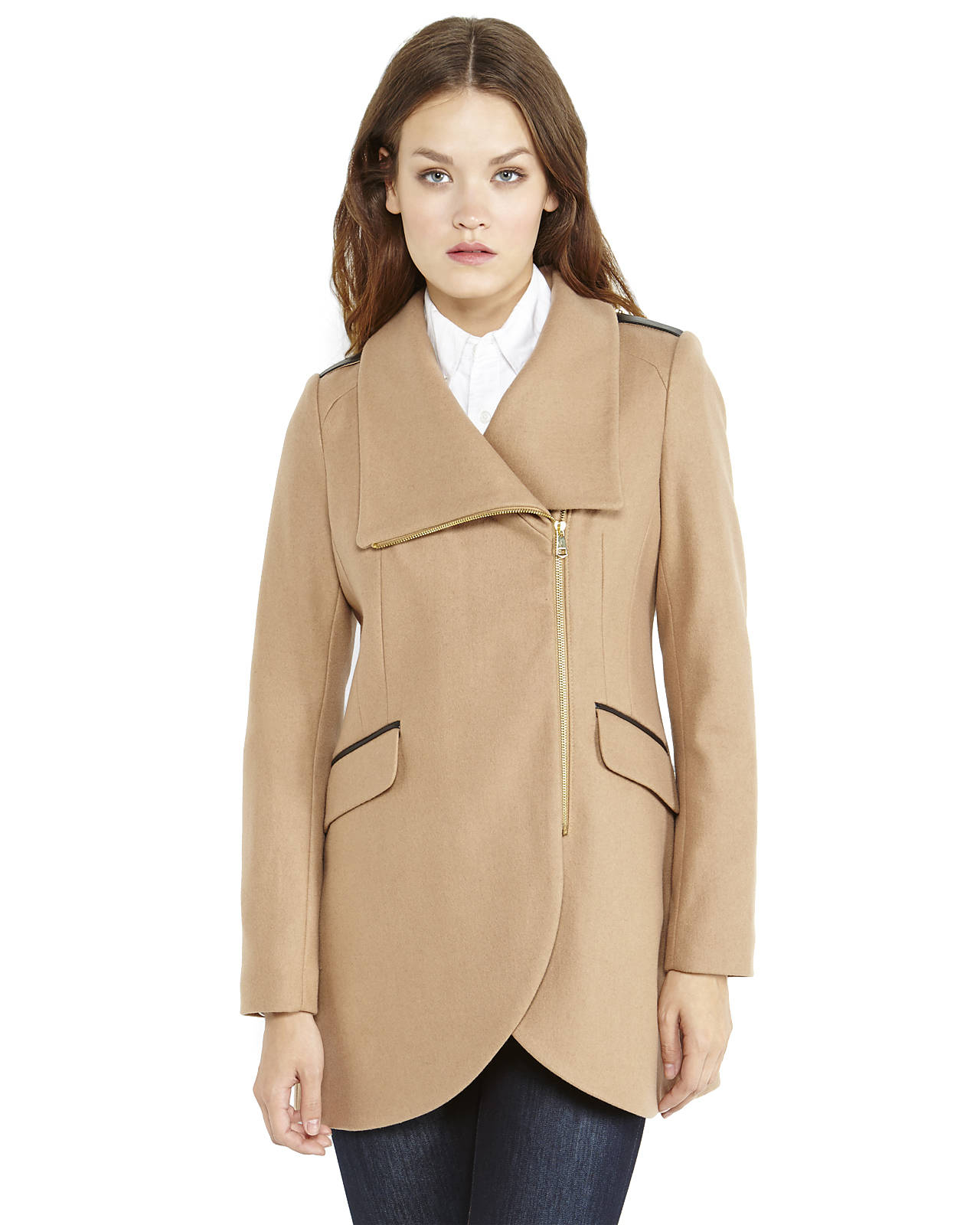 French connection Leather Trim Asymmetrical Coat in Beige (Camel) Lyst