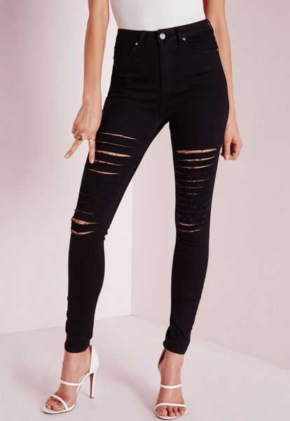 Missguided Sinner High Waisted Thigh Ripped Skinny Jeans Black Lyst