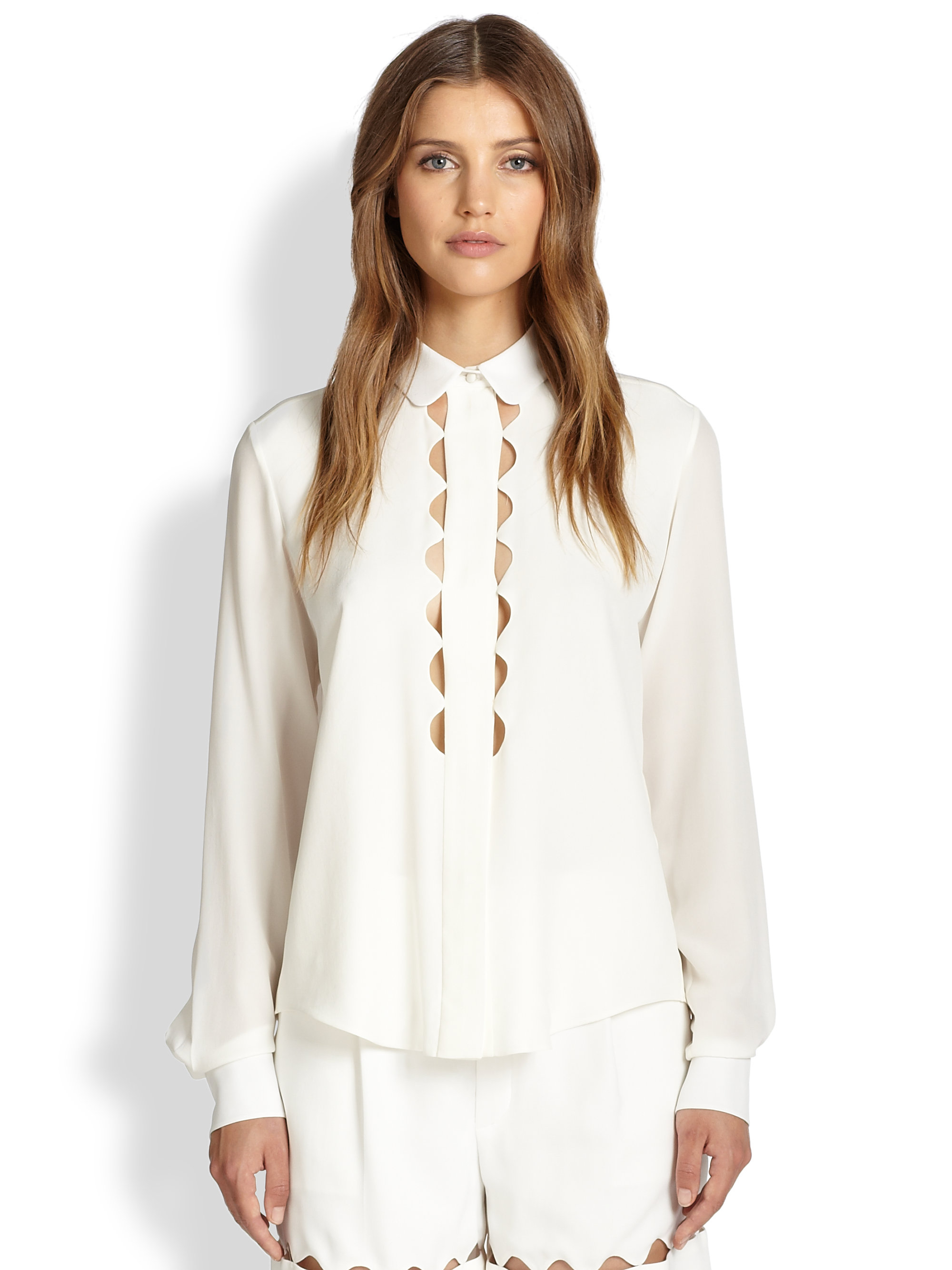 Chloé Silk Scallop Cutout Blouse In White Lyst 4243