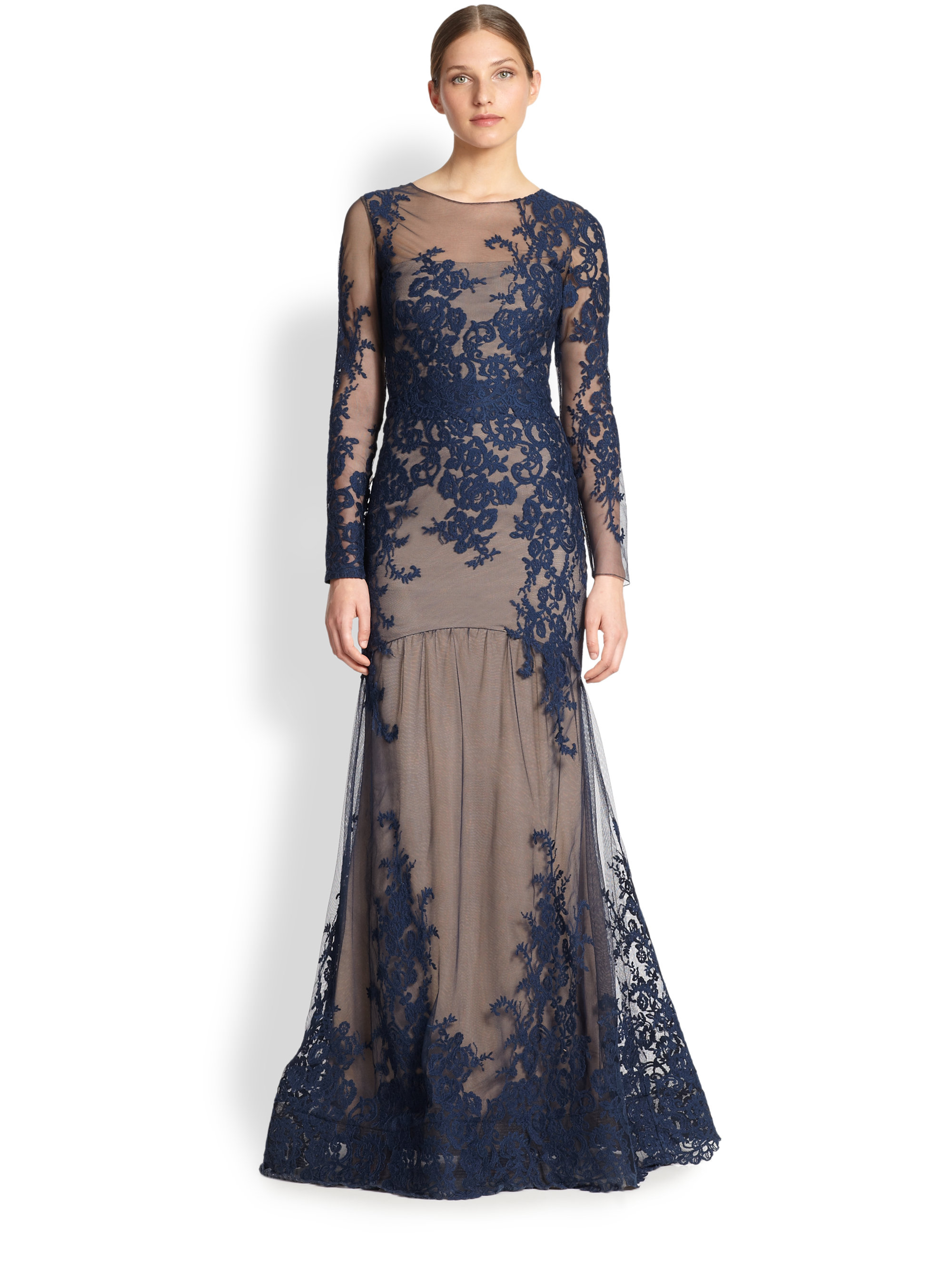 Notte By Marchesa Floral & Lace Mermaid Gown in Blue (NAVY TAUPE) | Lyst