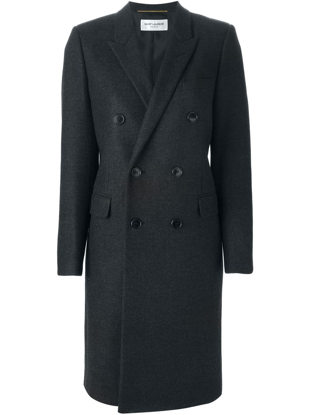 Saint laurent Double Breasted Overcoat in Black | Lyst