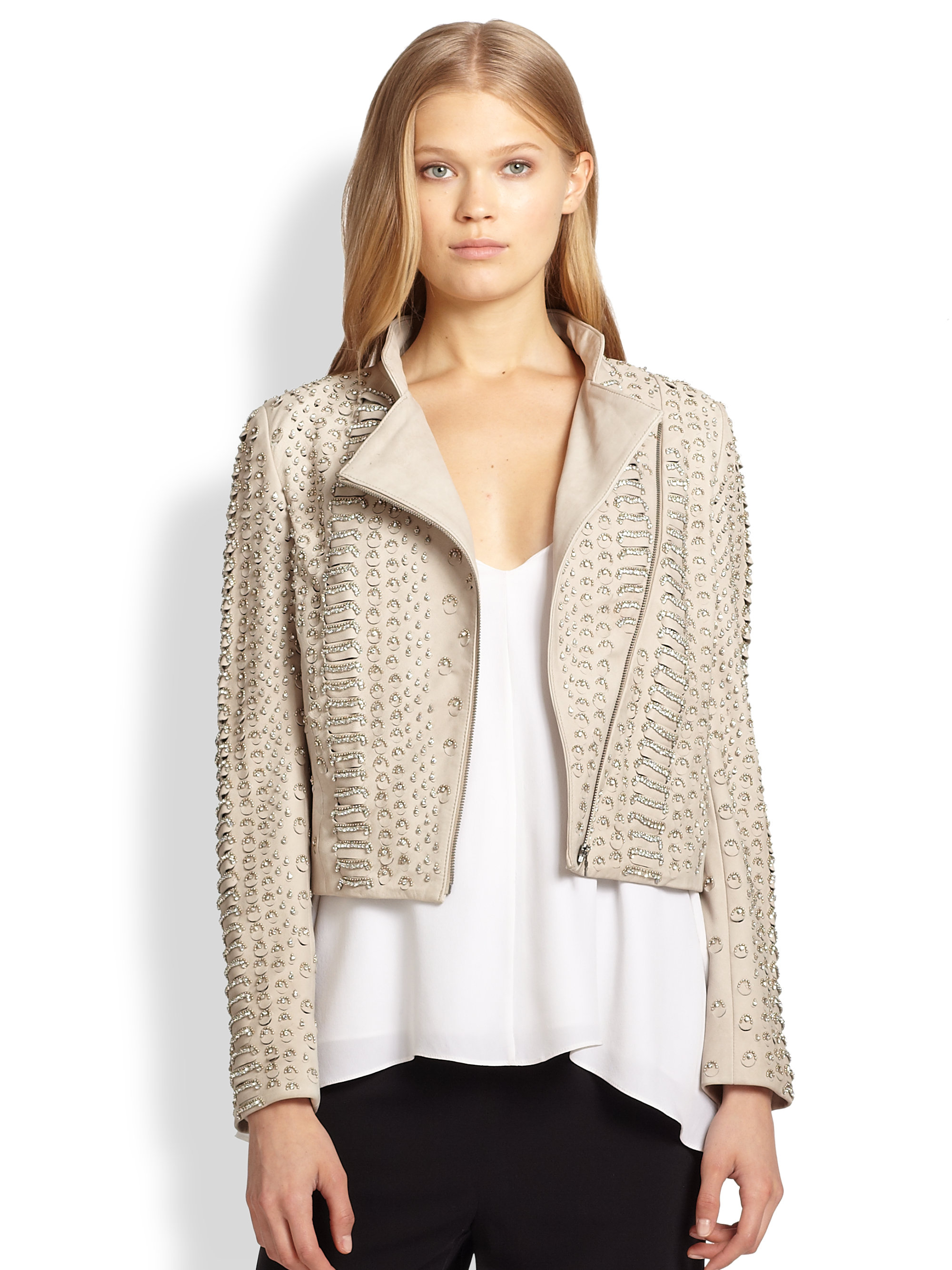 Alice Olivia Jace Beaded Moto Jacket In Natural Lyst Gallery