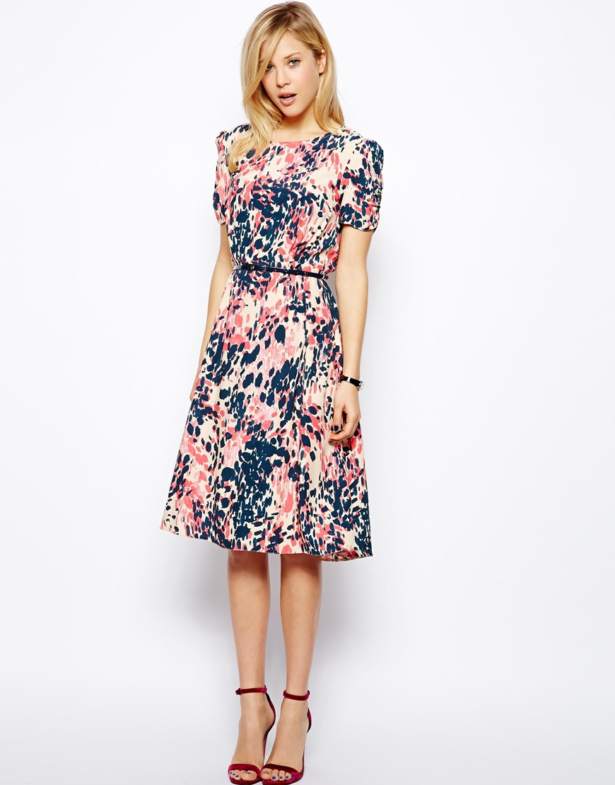 ASOS Midi Dress In Animal Print With Belt in Pink - Lyst
