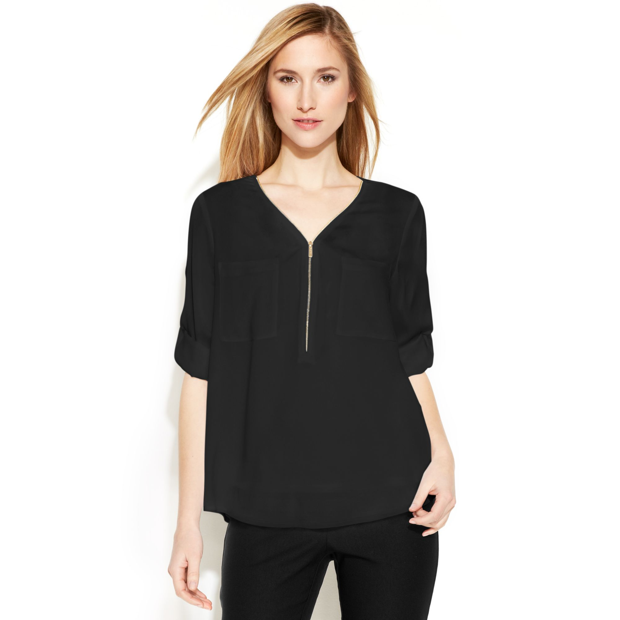 Calvin Klein Long-Sleeve Zip V-Neck Blouse in Black | Lyst