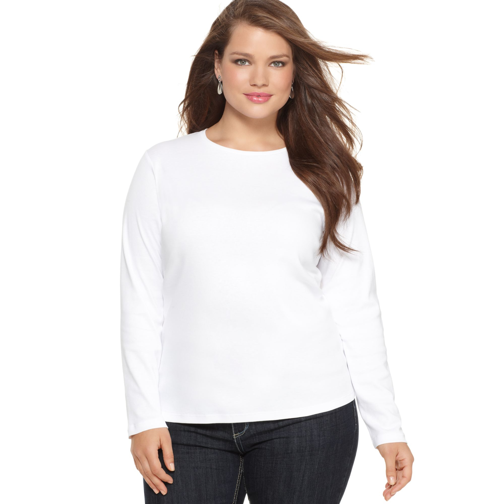 Jones New York Signature Plus Size Long-Sleeve Crewneck Top in White | Lyst