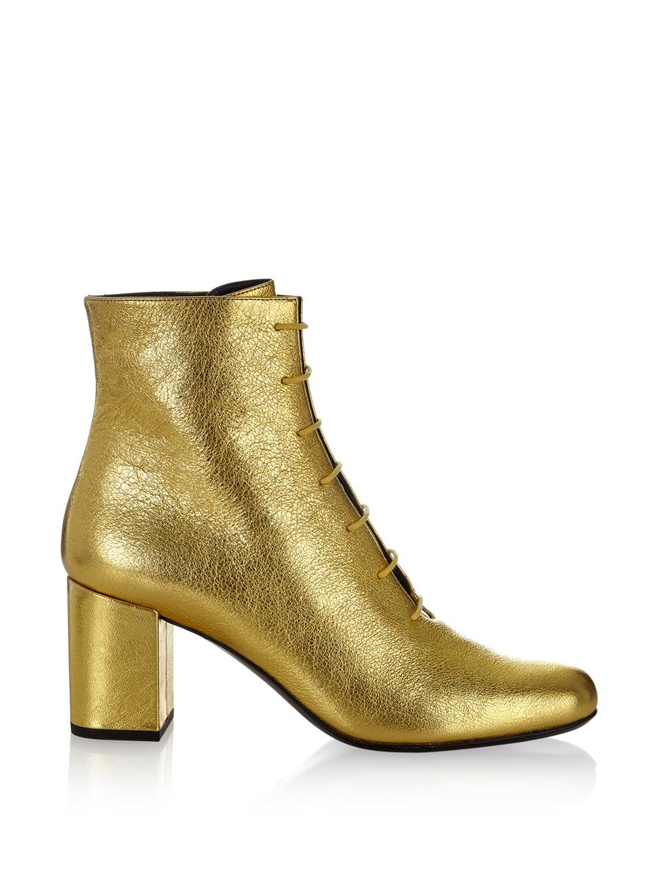 Saint Laurent Babies 70 Block-Heel Leather Ankle Boots in Gold ...
