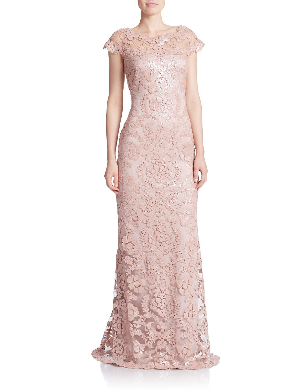 Lyst - Tadashi Shoji Lace Cap Sleeve Gown in Pink