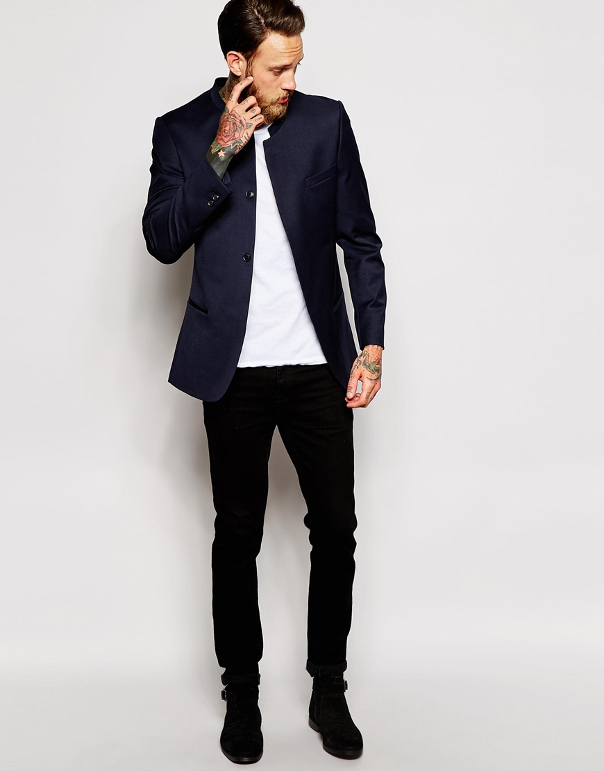 Lyst - Asos Slim Fit Blazer With Mandarin Collar in Blue ...