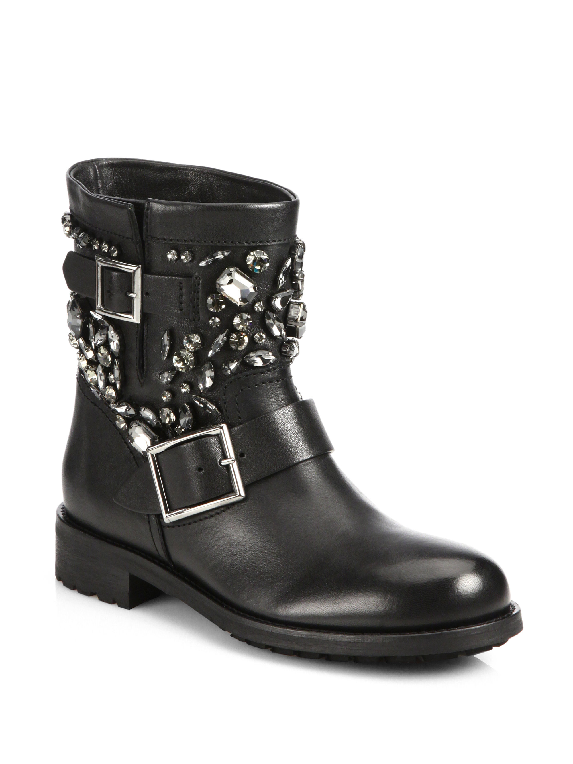 Lyst Jimmy Choo Crystalstudded Leather Biker Boots in Black