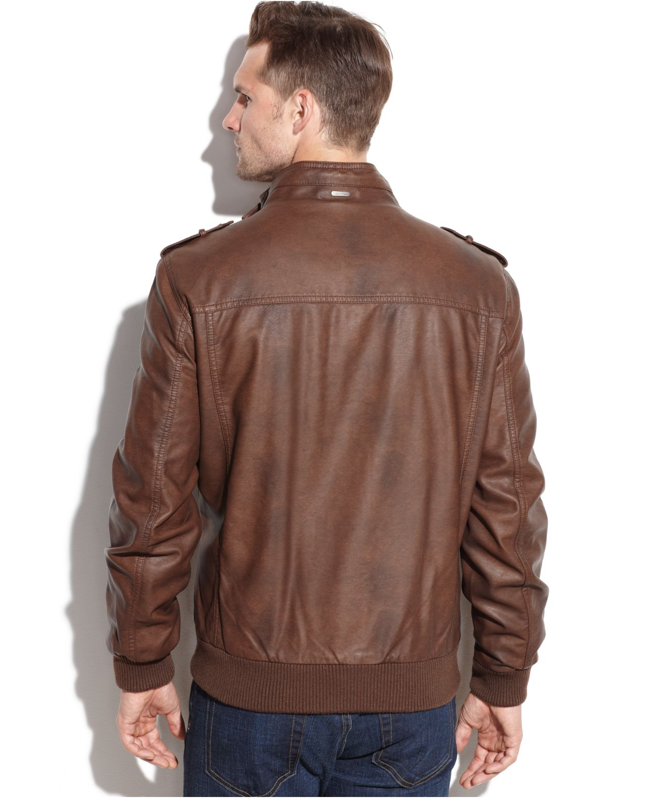 Lyst - Calvin Klein Faux Leather Bomber Jacket in Brown for Men