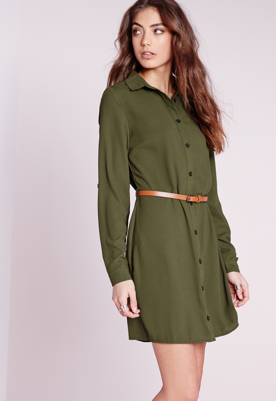 Missguided Long Sleeve Belted  Shirt  Dress  Khaki  in Green 