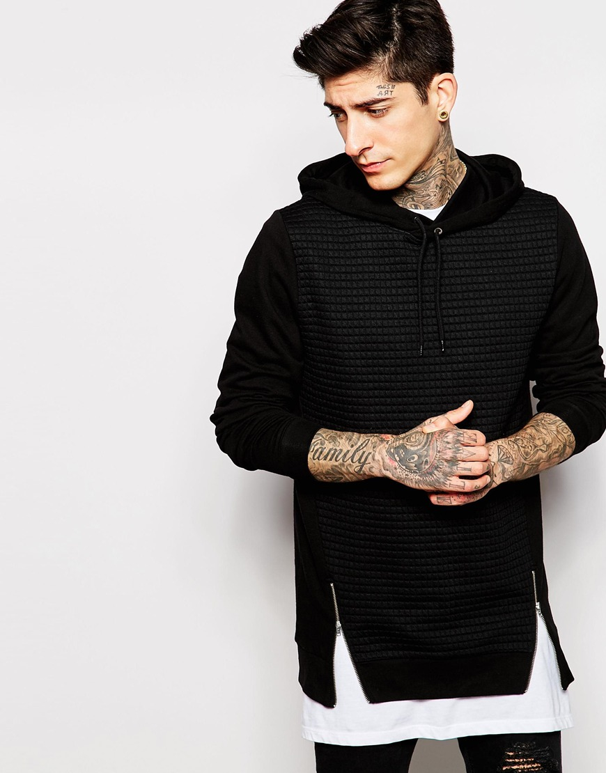 Lyst - Asos Longline Hoodie With Quilted Front & Zip Details in Black ...