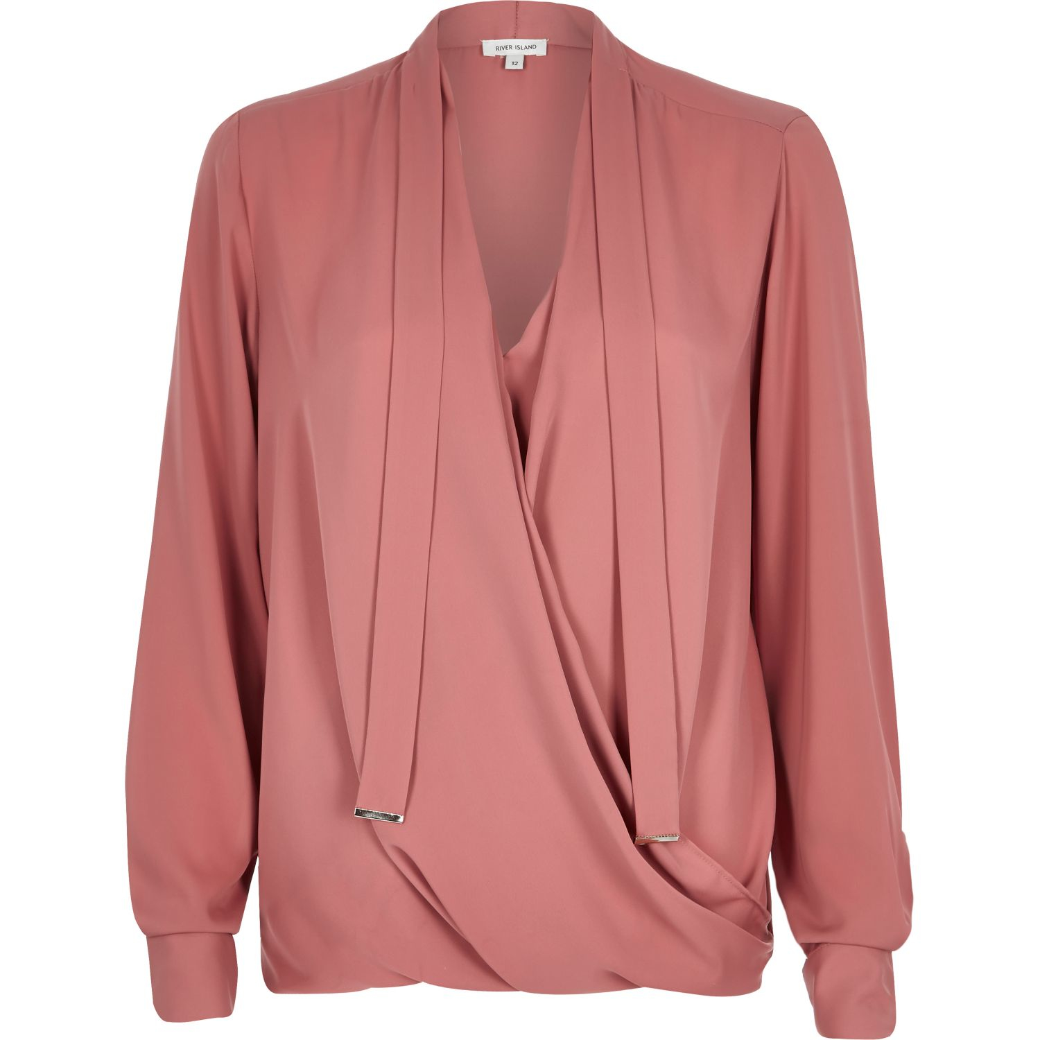 River Island Dark Pink Long Sleeve Pussybow Wrap Blouse in Pink - Lyst