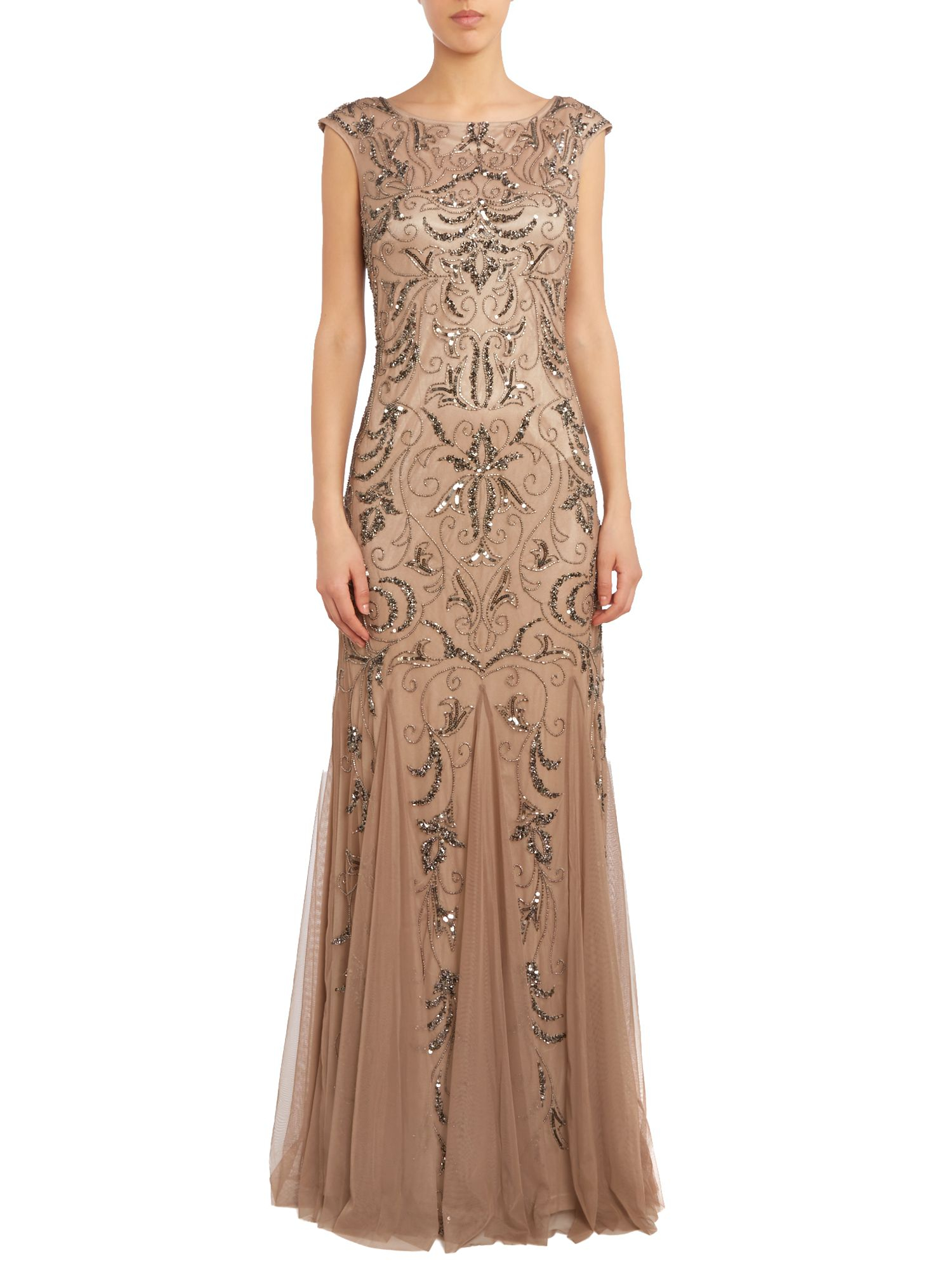 Adrianna papell Cap Sleeve Beaded Dress in Brown (Buff) | Lyst