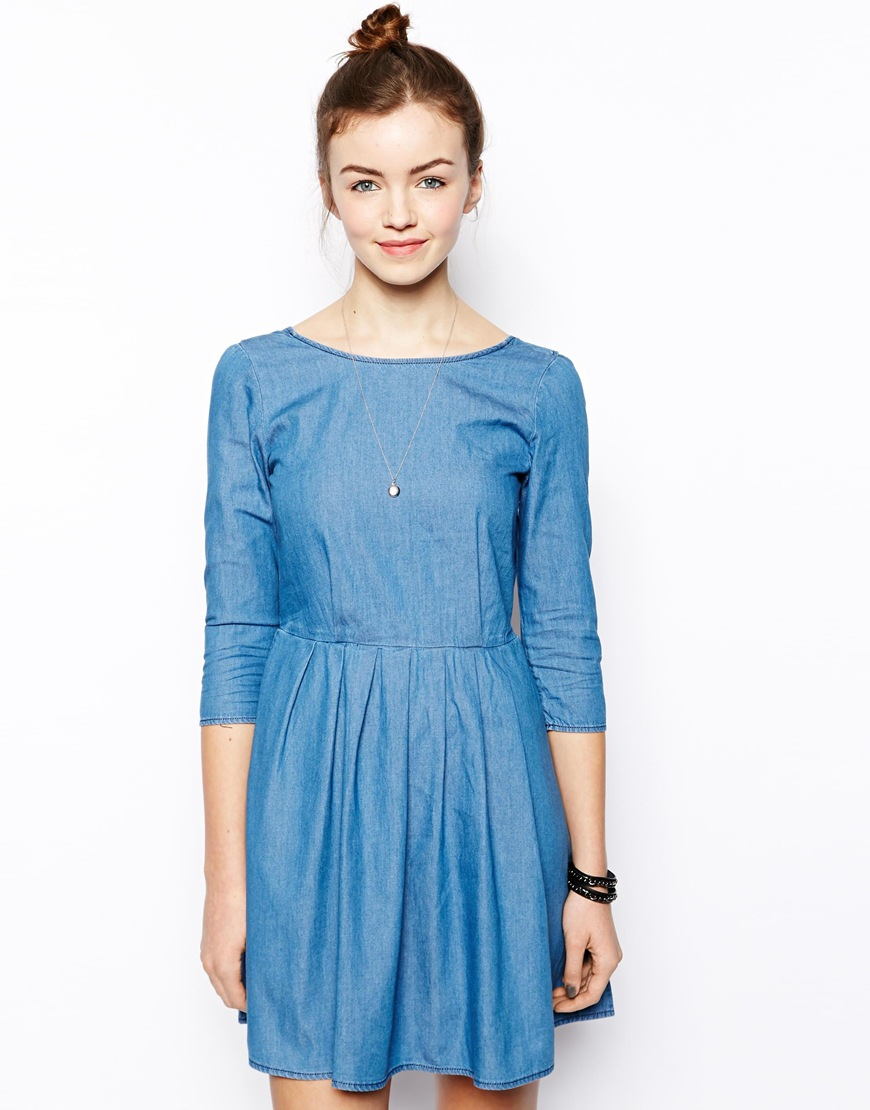 Lyst - Asos Bow Back Denim Smock Dress in Blue