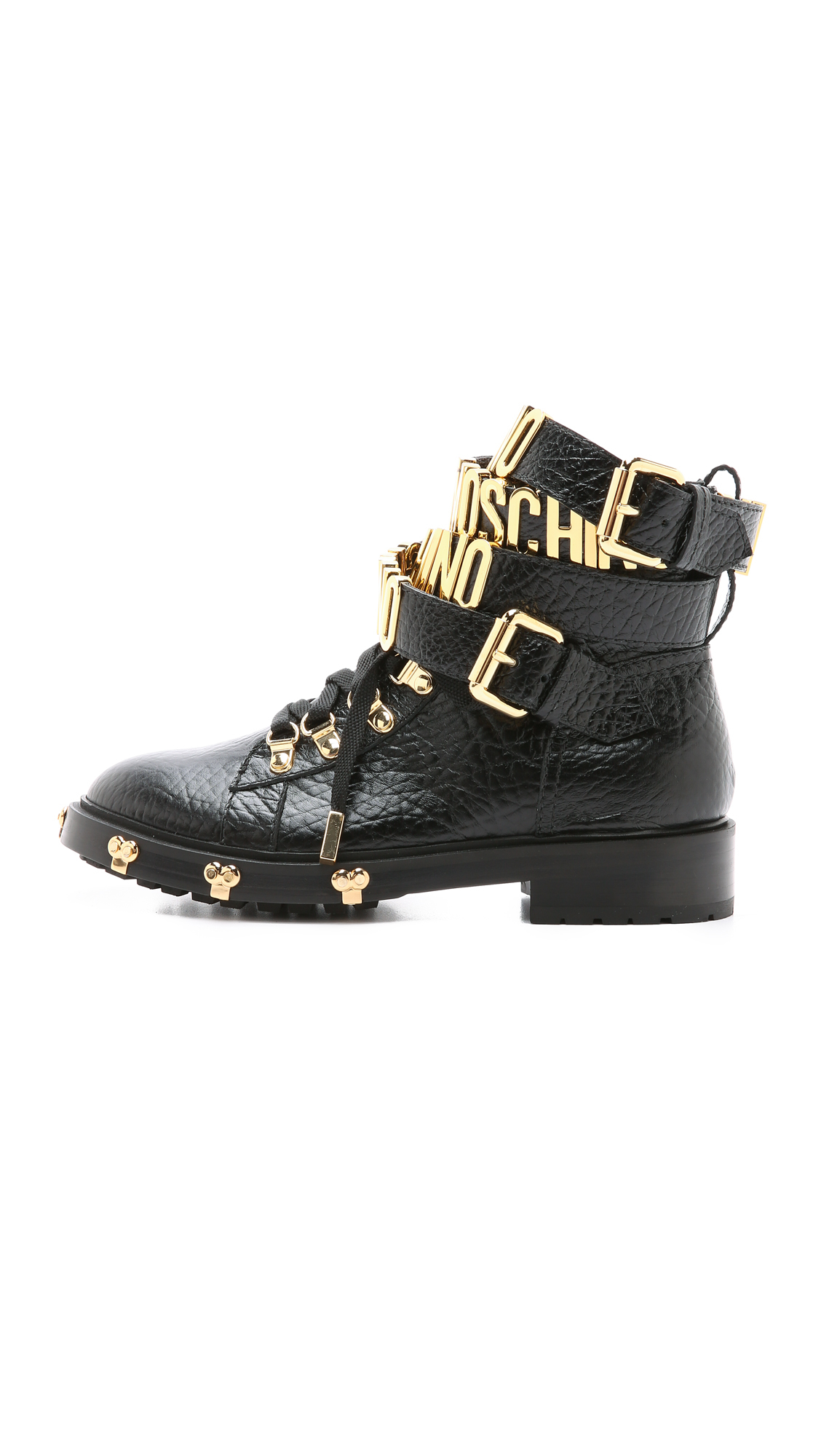 Lyst - Moschino Ankle-Strap Leather Combat Boots in Black