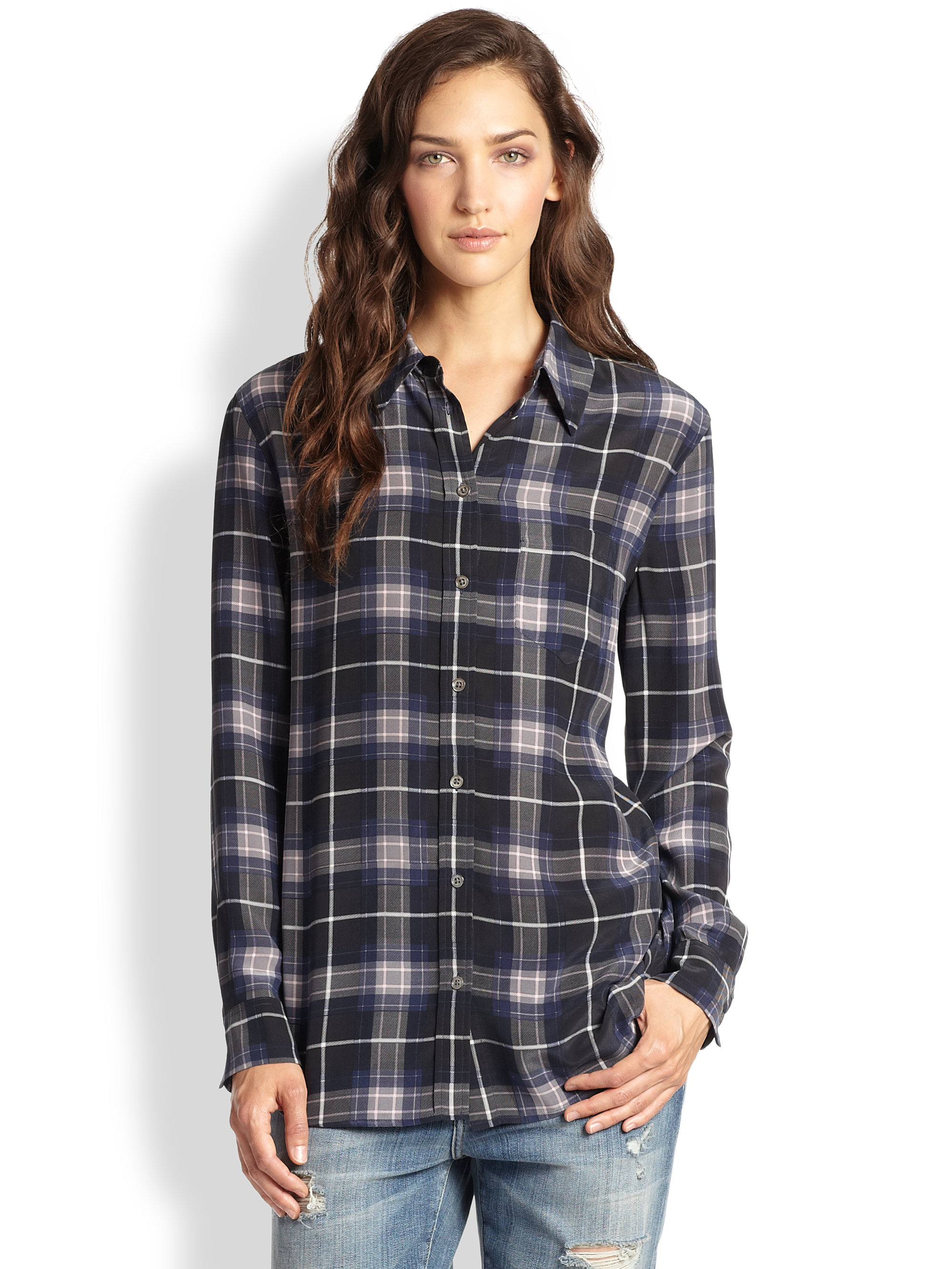 Equipment reese single pocket plaid silk blouse