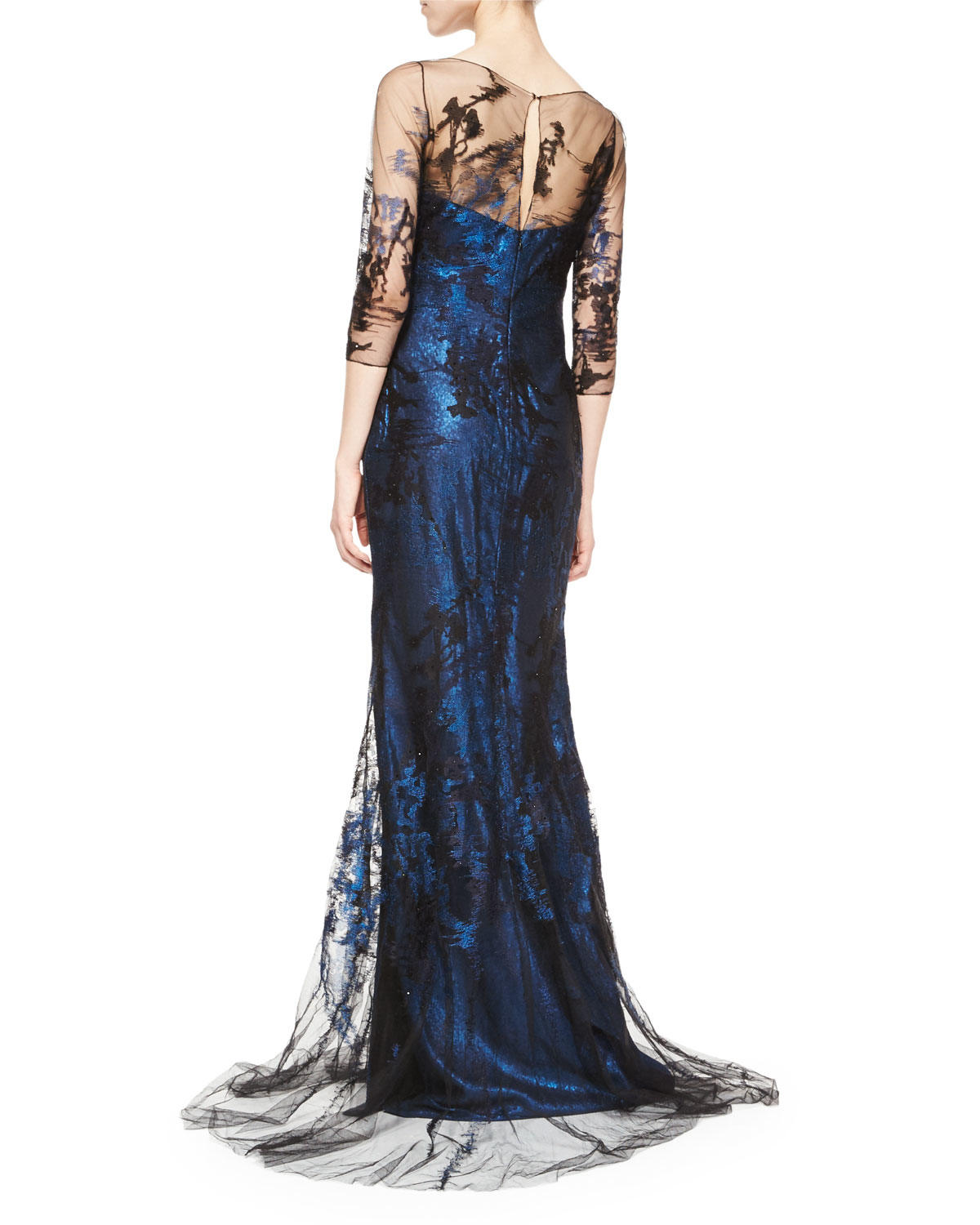 Lyst - Rene Ruiz 3/4-Sleeve Illusion Lace Gown in Blue