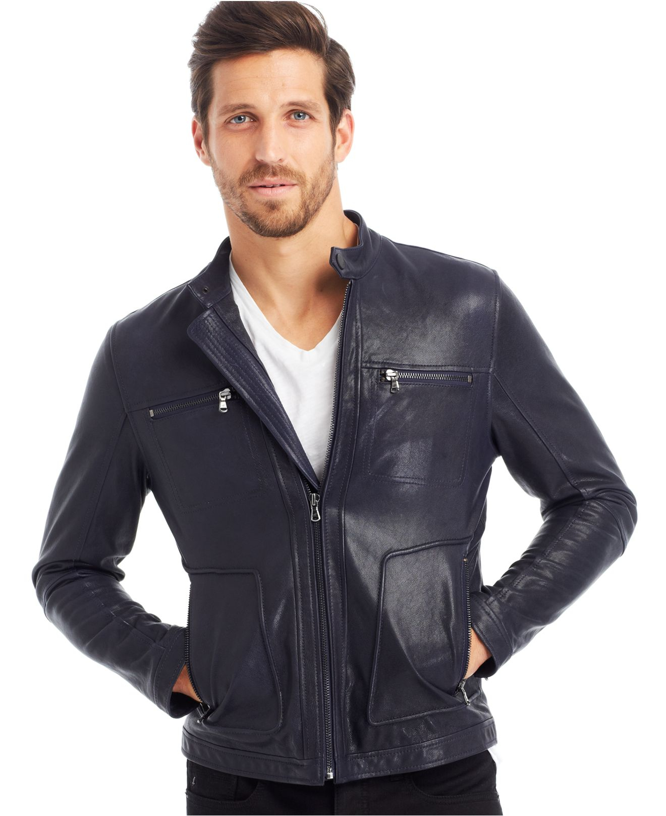 Lyst - Kenneth Cole Zip Pockets Leather Motorcycle Jacket in Blue for Men