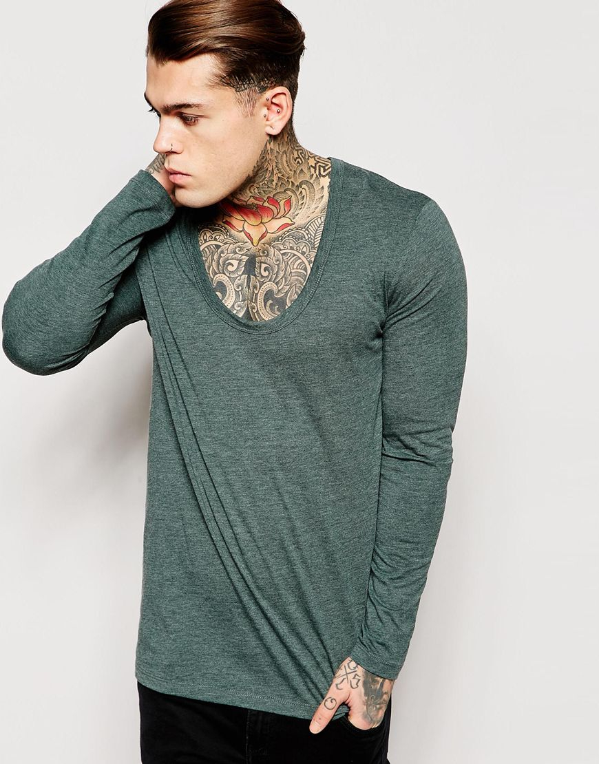 Lyst - Asos Longline Long Sleeve T-shirt With Deep Scoop Neck in Green ...