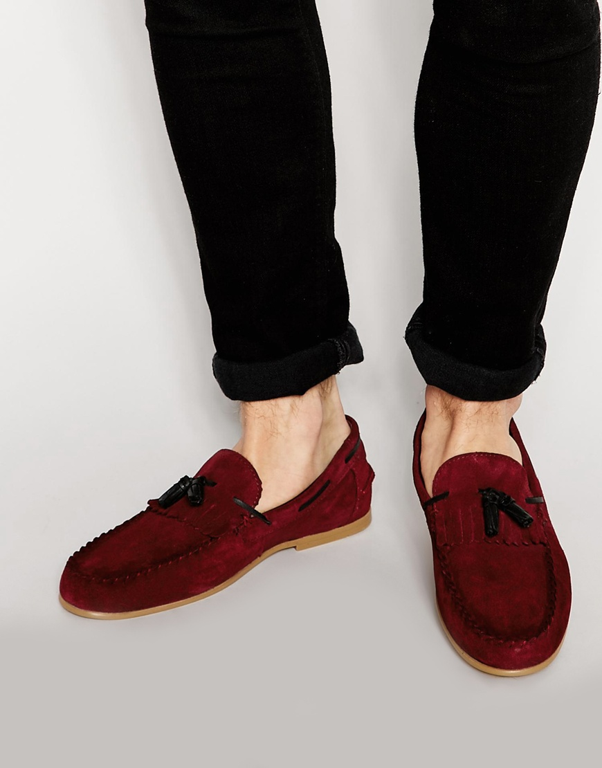 Asos Tassel Loafers In Burgundy Suede With Fringe in Red for Men | Lyst