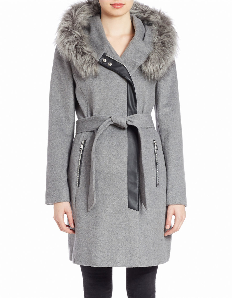 Karl lagerfeld Faux Fur-trimmed Wool-blend Coat in Gray | Lyst