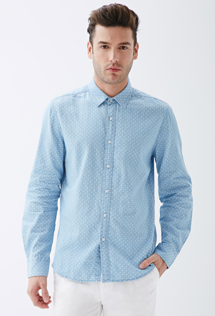 Lyst - Forever 21 Polka Dot Chambray Shirt in Blue for Men