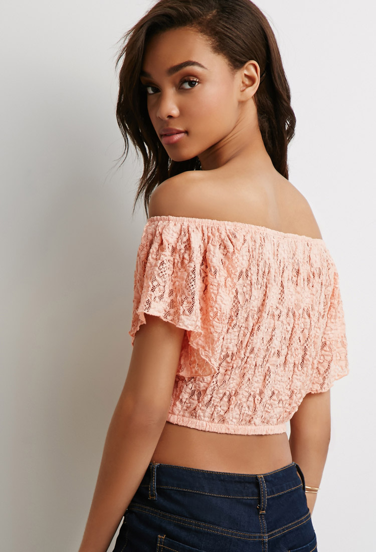 Forever 21 Floral Lace Off-the-shoulder Top in Pink | Lyst