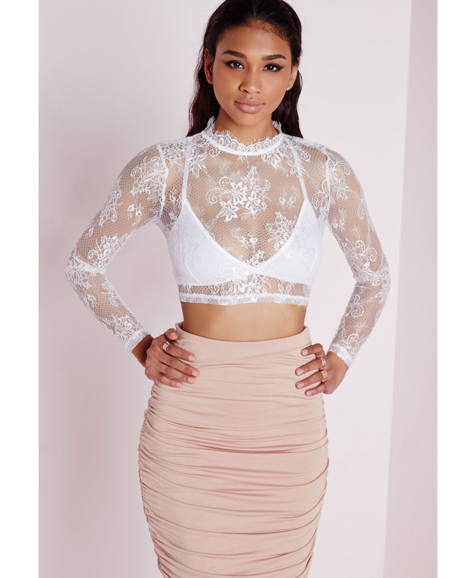 Missguided Long Sleeve Floral Lace Crop Top White | Lyst