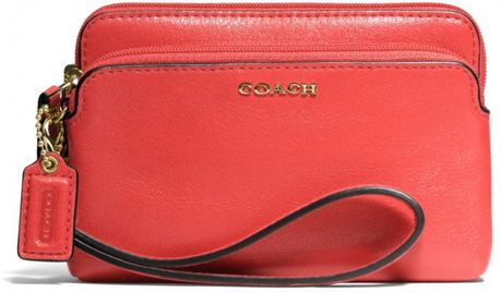 Coach Madison Double Zip Wristlet In Leather in Red (LIGHT GOLD/LOVE ...