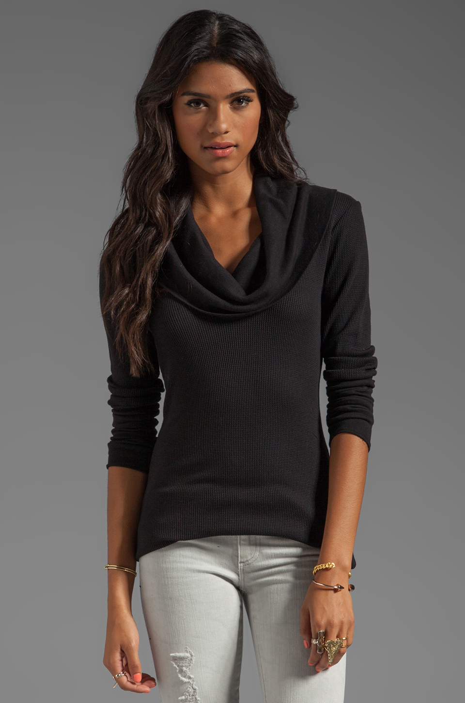 Splendid Thermal Long Sleeve Cowl Neck in Black in Black | Lyst