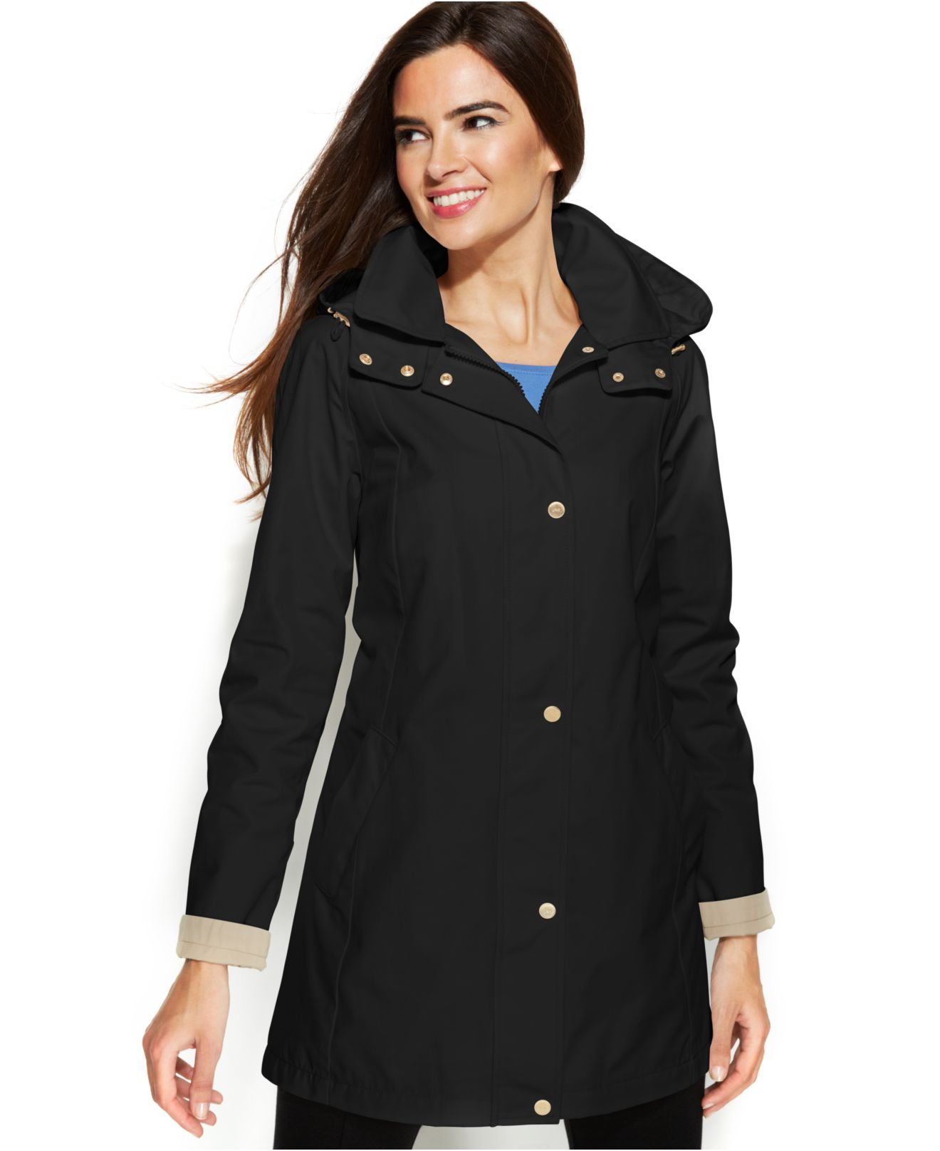Jones new york A-Line Hooded Raincoat in Black | Lyst