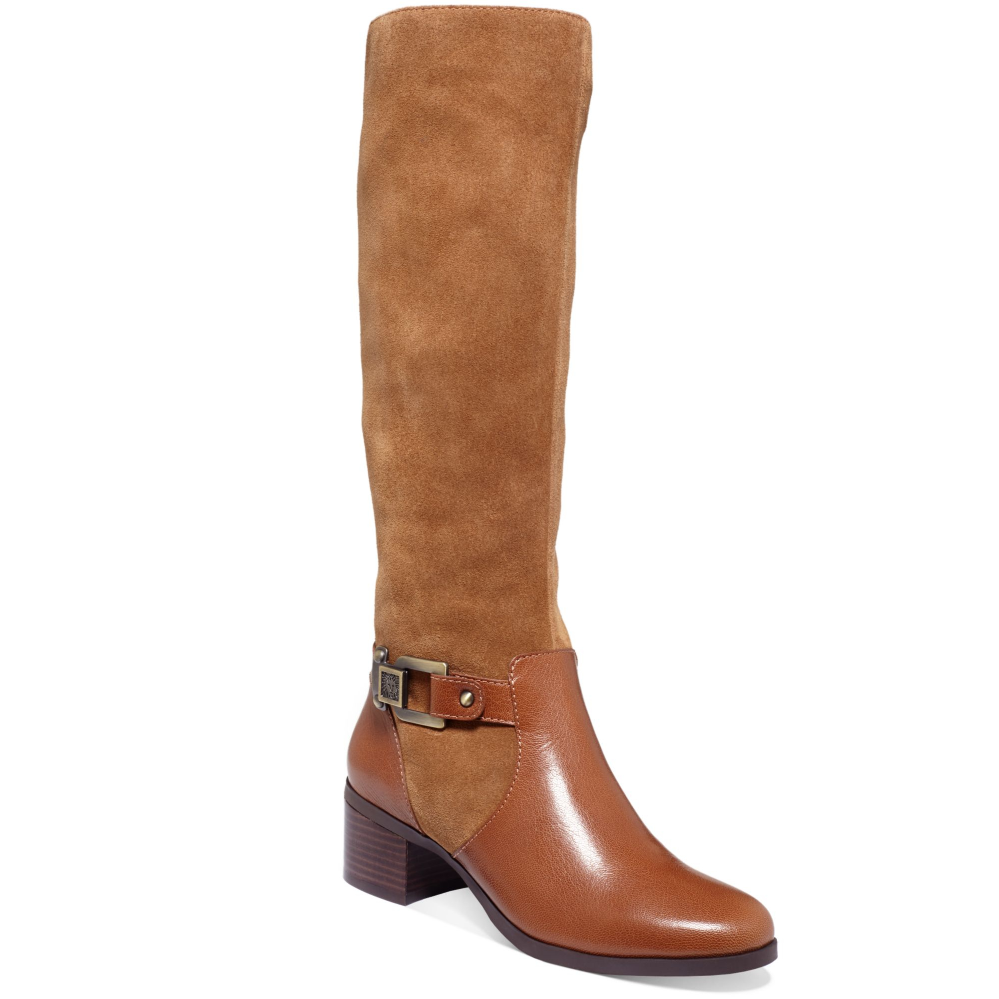 Anne Klein Joetta Wide Calf Riding Boots in Brown (Cognac Suede/Leather ...